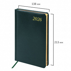 Ежедневник датированный 2026 А5 138x213 мм, BRAUBERG "Iguana", под кожу, темно-зеленый, 117058