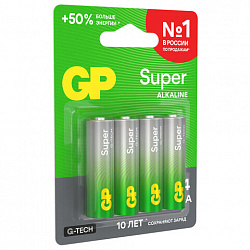 Батарейки КОМПЛЕКТ 4 шт., GP Super G-Tech, AA (LR6, 15А), алкалиновые, пальчиковые, блистер, 15A-2CR4