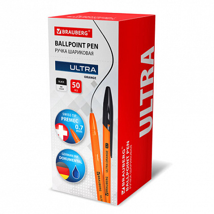 Ручка шариковая BRAUBERG "ULTRA ORANGE", ЧЕРНАЯ, узел 0,7 мм, чернила ГЕРМАНИЯ, наконечник ШВЕЙЦАРИЯ, 143563
