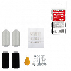 Набор швейный "Дорожный" 40 ЛЛ, 200 м, 2 белые / 2 черные, иглы, нитевдеватель, булавки, DEVELIA (Девелиа), 609632