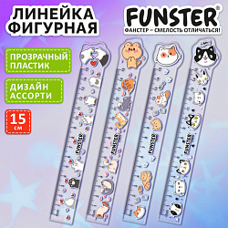 Линейка пластиковая 15 см фигурная, FUNSTER, "КОТЫ", прозрачная, ассорти, европодвес, 210921