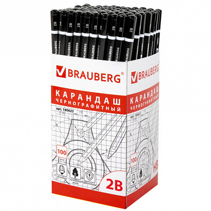 Карандаш чернографитный BRAUBERG, 1 шт., "Touch line", 2В, корпус черный, заточенный, 180623
