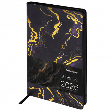 Ежедневник датированный 2026 А5 138x213 мм, BRAUBERG "Vista", под кожу, гибкий, "Black marble", 117445