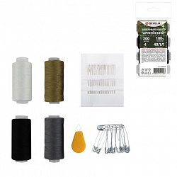 Набор швейный "Армейский", 40 ЛЛ, 200 м, 4 цвета, иглы, нитевдеватель, булавки, DEVELIA (Девелиа), 609631