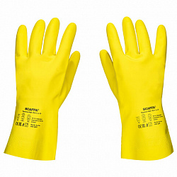 Перчатки латексные SCAFFA "Луч", КЩС-2, хлопчатобумажное напыление, размер 9, L (большой), желтые, 00-01017718