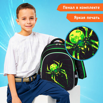 Рюкзак SNOOBAG (СНУБЭГ) MIND с пеналом в комплекте, 2 отделения, "Неоновый паук", 40х28х18 см, 274444