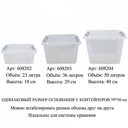 Ящик-контейнер 50 л с КРЫШКОЙ НА ЗАЩЕЛКАХ "ПРОФИ", 40х50х39 см, штабелируемый, ПРОЧНЫЙ, прозрачный, 437960000