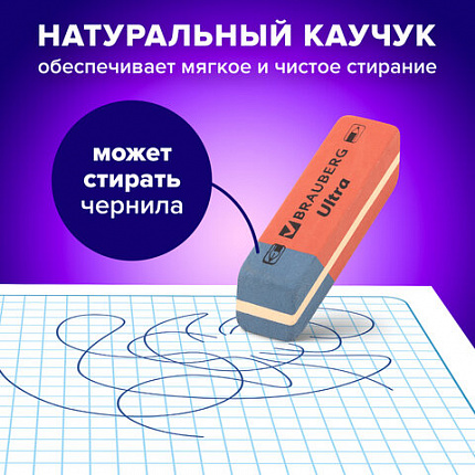 Ластики BRAUBERG "Ultra" 6 шт., размер ластика 41х14х8 мм, красно-синие, натуральный каучук, 229599.