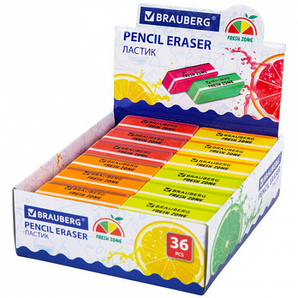 Ластик большой BRAUBERG "Fresh Zone", 60х18х12 мм, цвет ассорти, прямоугольный, скошенный, 228717