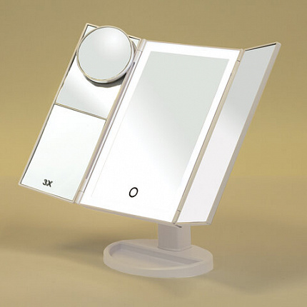 Зеркало настольное с LED-подсветкой для макияжа, размер 24х18 см, складное, увеличение х2, х3, х10, белое, BRABIX, 609337