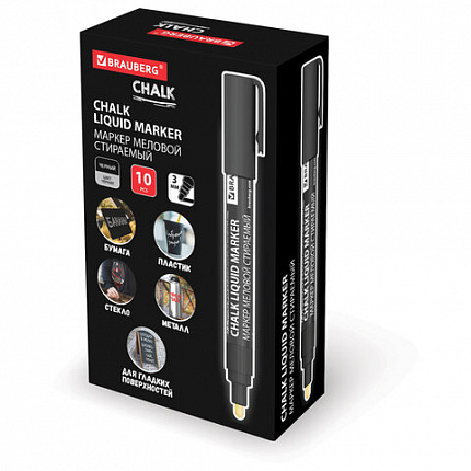 Маркер меловой CHALK LIQUID MARKER, ЧЕРНЫЙ, 3 мм, стираемый, BRAUBERG "CHALK", 152600