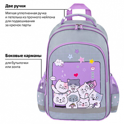 Рюкзак ПИФАГОР SCHOOL, 1 отделение, 3 кармана, "Cats selfie", 38x28х14 см, 273165