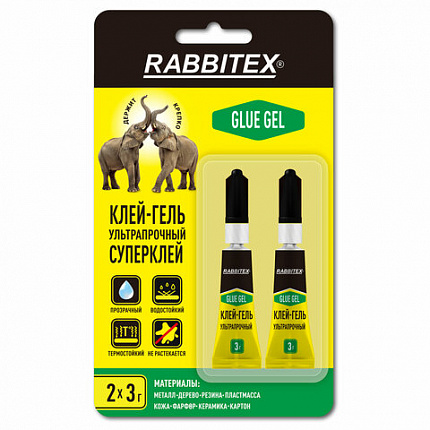 Клей-гель секундный суперклей УЛЬТРАПРОЧНЫЙ, набор 2х3 грамм, RABBITEX (РАББИТЕКС) "ДВА СЛОНА", 609814