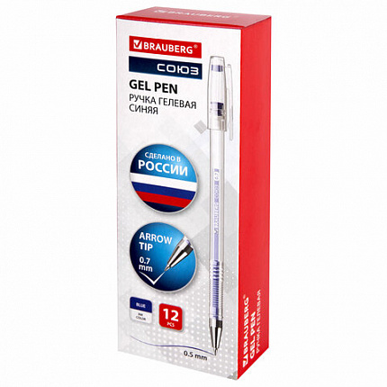 Ручка гелевая РОССИЯ "СОЮЗ", СИНЯЯ, корпус прозрачный, узел 0,7 мм, линия письма 0,5 мм, BRAUBERG, 143962