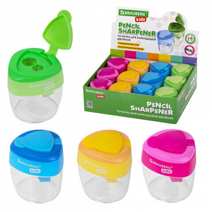 Точилка BRAUBERG KIDS "MAXI", 2 отверстия, с большим контейнером, трехгранный корпус, цвета ассорти, 271945