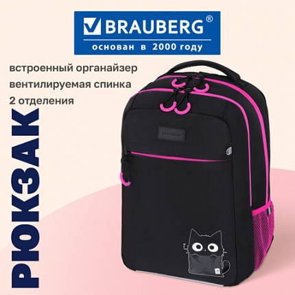 Рюкзак BRAUBERG MAIN, 2 отделения, 3 кармана, "Котик в коробке", 38х26х17 см, 274398