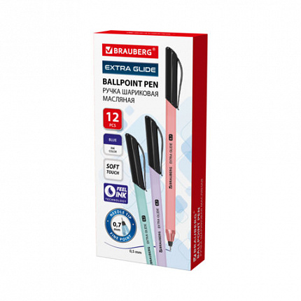 Ручка шариковая масляная BRAUBERG "Extra Glide Softy EL", СИНЯЯ, корпус ассорти, игольчатый наконечник 0,7 мм, линия письма 0,5 мм, 144262