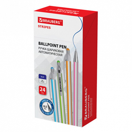 Ручка шариковая автоматическая BRAUBERG Stripes, СИНЯЯ, корпус ассорти, пишущий узел 0,5 мм, линия письма 0,3 мм, 144219