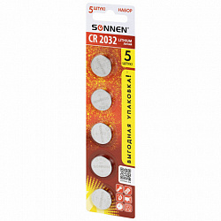Батарейки литиевые SONNEN Lithium CR2032 "таблетки, дисковые, кнопочные" КОМПЛЕКТ 5 шт., блистер, 455504
