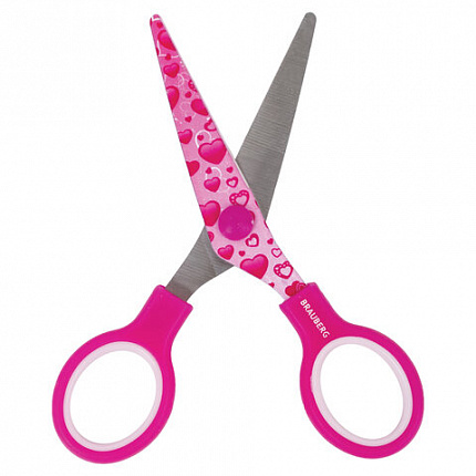 Ножницы 130 мм с цветной печатью "Сердечки", малиновые, закругленные, BRAUBERG KIDS, 232275