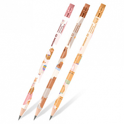 Карандаш чернографитный ЮНЛАНДИЯ "ЖИВОТНЫЕ", 1 шт, HB, с ластиком, корпус ассорти, 182012