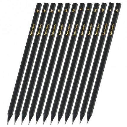 Карандаши чернографитные BRAUBERG НАБОР 12 шт., "Black Jack", 2Н-4В, без резинки, черные, дерево, заточенные, 180620