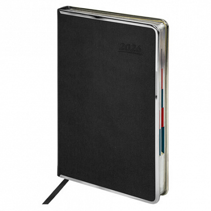 Ежедневник датированный 2026 А5 148х218 мм, GALANT "Infinity Silver", под кожу, черный, 117495