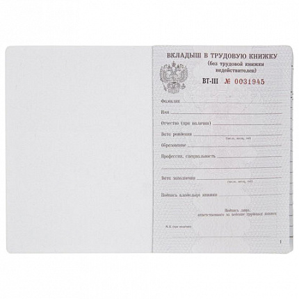 Бланк документа "Вкладыш в трудовую книжку", 88х125 мм, ГОЗНАК