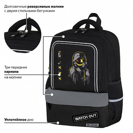 Рюкзак BRAUBERG STAR, 1 отделение, 5 карманов, "Будь начеку", черный, 40x29x13 см, 273132