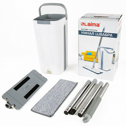 Швабра с отжимом и ведром 11л/9л, двухкамерное, ProClean, насадка из микрофибры карманы с 2-х сторон, белый, LAIMA, 607979