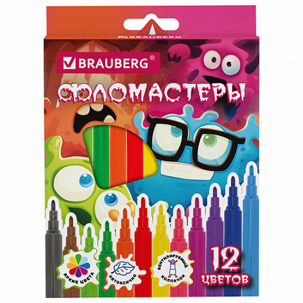 Фломастеры кросс-серия МОНСТРИКИ, 12 цветов, вентилируемый колпачок, картонная коробка с европодвесом, BRAUBERG, 152622
