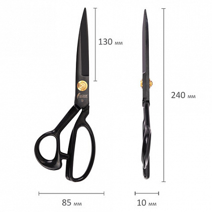Ножницы портновские 240 мм, КЛАССИЧЕСКИЕ, черные, ручки с силиконовым покрытием, ОСТРОВ СОКРОВИЩ, 665598