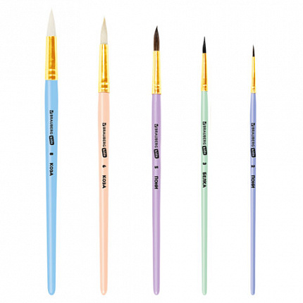 Кисти НАБОР 5 шт. (БЕЛКА круглая № 3; КОЗА круглые № 6, 8; ПОНИ круглые № 2, 5), BRAUBERG KIDS, 201080