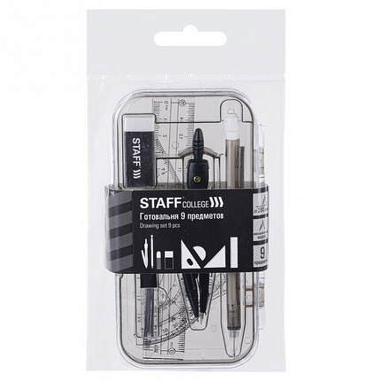 Готовальня STAFF "College" 9 предметов: циркуль 120 мм, чертежные принадлежности, механический карандаш, пластиковый пенал, 210863