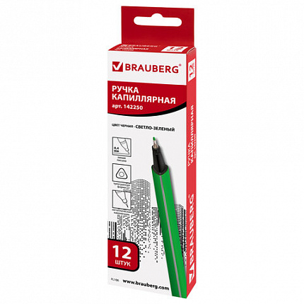 Ручка капиллярная (линер) BRAUBERG "Aero", СВЕТЛО-ЗЕЛЕНАЯ, трехгранная, металлический наконечник, линия письма 0,4 мм, 142250