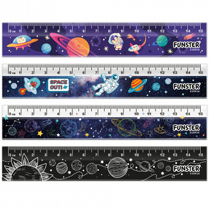 Линейки пластиковые 15 см FUNSTER, "КОСМОС", НАБОР 4 штуки, пенал, 210916