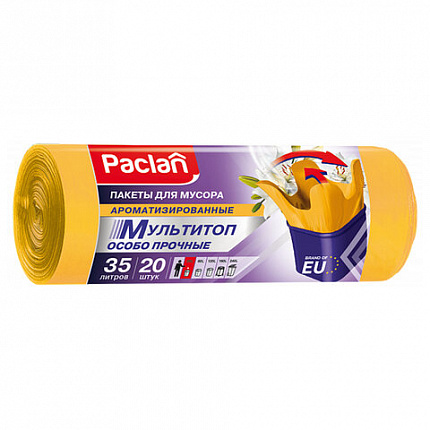 Мешки для мусора с ушками 35л, желтые, рулон 20шт, ПНД 15мкм, 50х66 см, PACLAN Multit, 403091