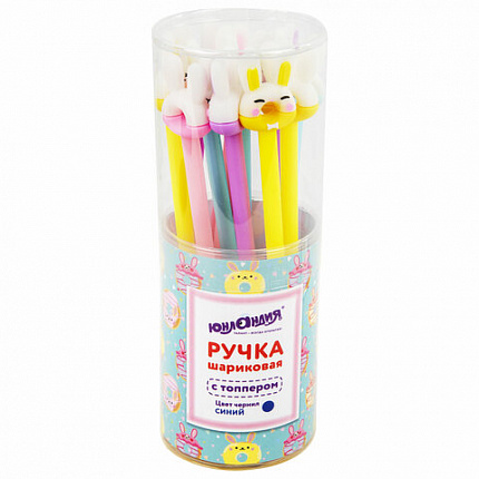 Ручка с топпером шариковая ЮНЛАНДИЯ "Зайка-пончик", корпус ассорти, СИНЯЯ, пишущий узел 0,7 мм, 143802