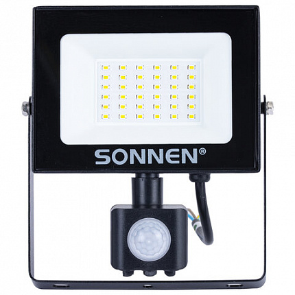 Прожектор светодиодный с датчиком движения 30 Вт, 6500 К, 2400 Лм, 30 м2, IP65, 161х146х51 мм, черный, SONNEN, 238417