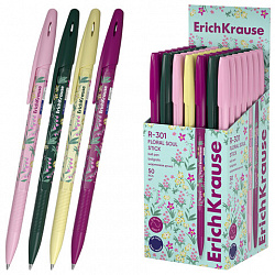 Ручка шариковая ERICH KRAUSE "R-301 Stick Floral" СИНЯЯ, синяя, корпус ассорти, линия 0,35 мм, 63077