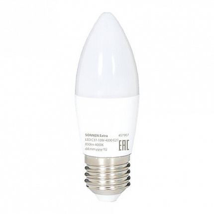 Лампа светодиодная SONNEN EXTRA, 10 (85) Вт, Е27, свеча, нейтральный белый, 30000 ч, LED C37-10W-4000-Е27, 457907