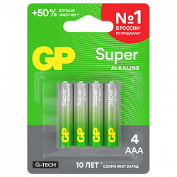 Батарейки КОМПЛЕКТ 4 шт., GP Super G-Tech, AAA (LR03, 24А), алкалиновые, мизинчиковые, блистер, 24A-2