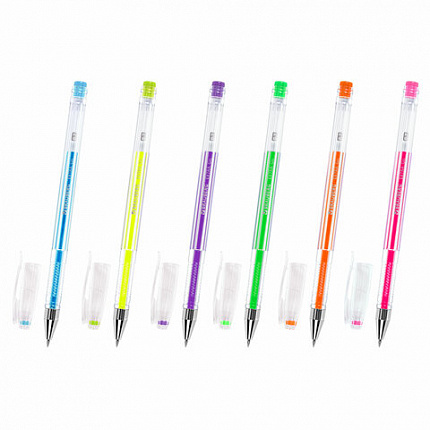 Ручки гелевые НЕОН BRAUBERG "EXTRA", НАБОР 6 ЦВЕТОВ, узел 0,7 мм, линия 0,35 мм, 143911