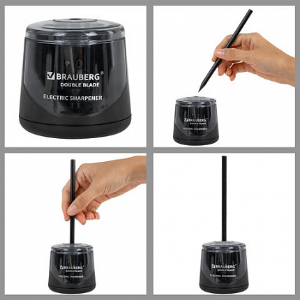 Точилка электрическая BRAUBERG DOUBLE BLADE BLACK, двойное лезвие, питание от 2 батареек АА, 271336