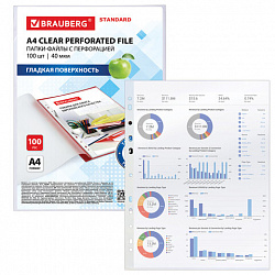 Папки-файлы перфорированные А4 BRAUBERG "STANDARD", КОМПЛЕКТ 100 шт., гладкие, 40 мкм, 229661