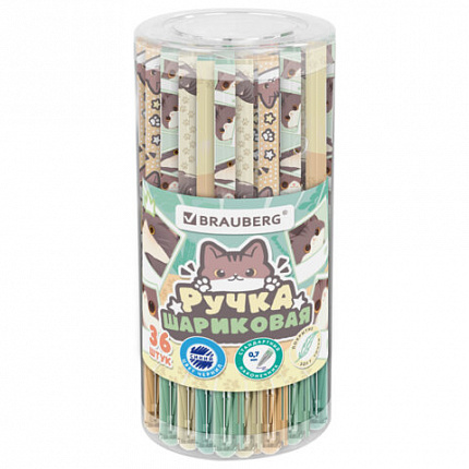 Ручка шариковая с принтом BRAUBERG "МИЛЫЕ КОТЫ", СИНЯЯ, SOFT TOUCH покрытие, узел 0,7 мм, линия письма 0,35 мм, 144478