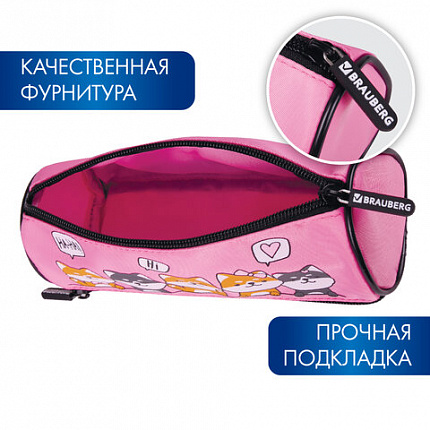 Пенал мягкий BRAUBERG, 3 отделения, нейлон, 21х7х7 см, "Puppies", 270839
