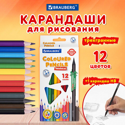 Карандаши цветные пластиковые, BRAUBERG PREMIUM 12 цветов + 1 чернографитный карандаш, трехгранный корпус, грифель 3 мм, 181936