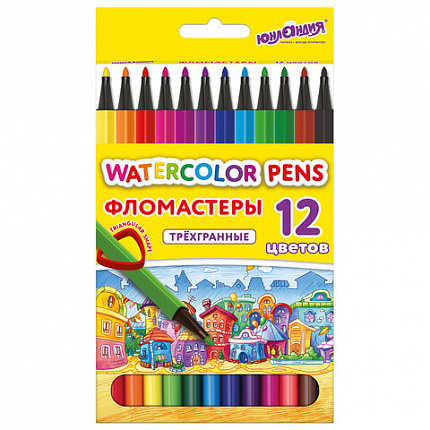 Фломастеры ЮНЛАНДИЯ "ДОМИКИ", 12 цветов, трехгранные, вентилируемый колпачок, картон, 152182