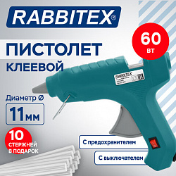 Клеевой пистолет 60 Вт, 11 мм (предохранитель, антикапля, индикатор), 10 стержней, зеленый, RABBITEХ (РАББИТЕКС), 671472